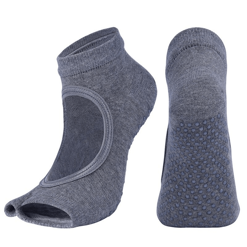 Gray anti-slip women's open toe socks with moisture-wicking and breathable design for fitness, made from durable combed cotton.